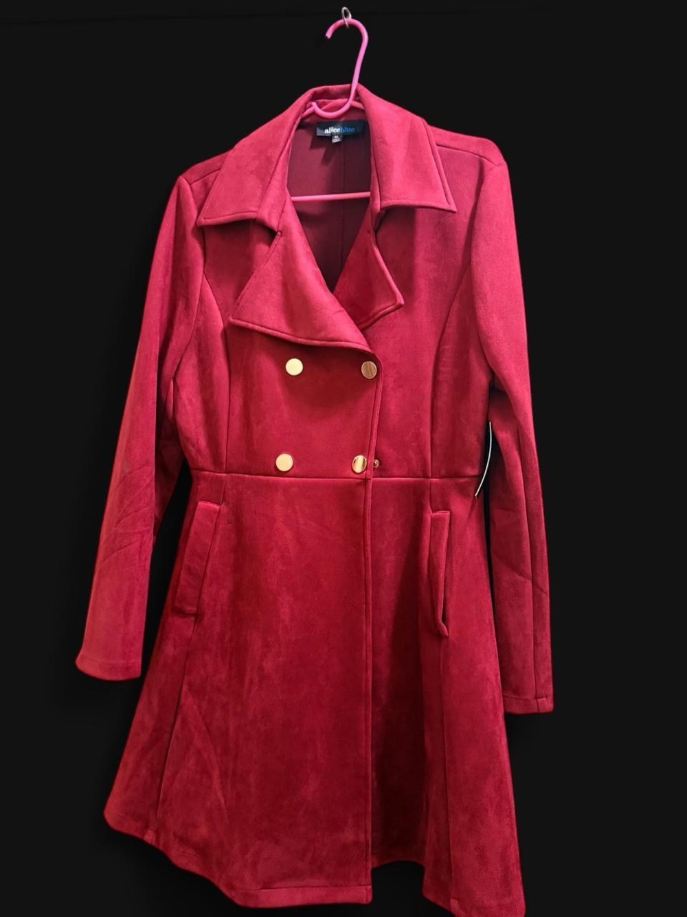 Alice Blue Red Double-Breasted Trench Coat with Gold Buttons - Picture 2 of 4